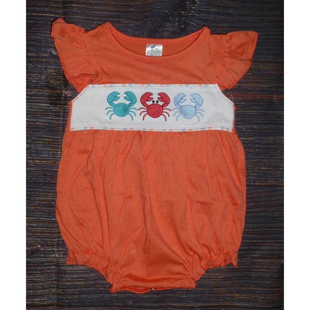 Boutique Baby Girls Embroidered Crabs Bubble Romper Jumpsuit